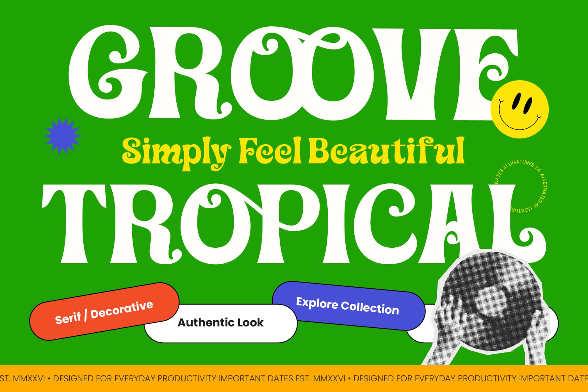 Preview of Groove Tropical – Retro Decorative Serif font